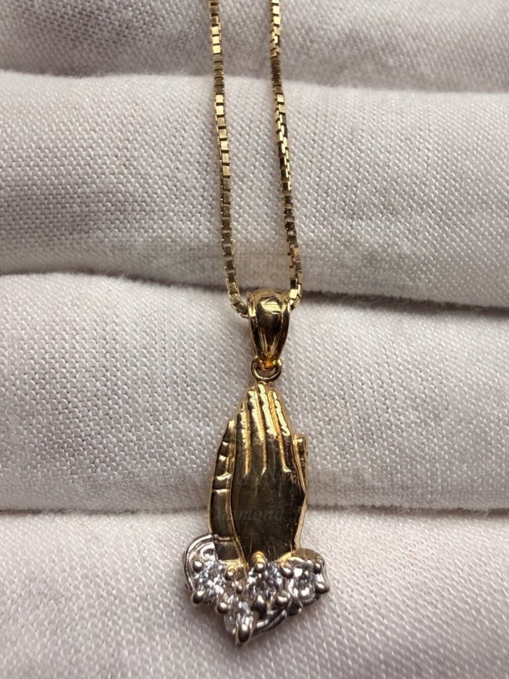 14K Two Tone Gold Cubic Z. Praying Hands Pendant With 0.8mm Box Chain - 16 inch